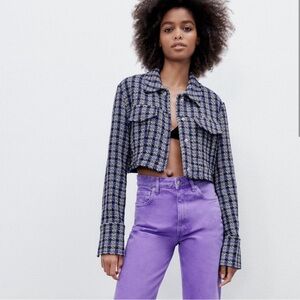 Zara Tweed Textured Cropped Jacket Buttons blazer